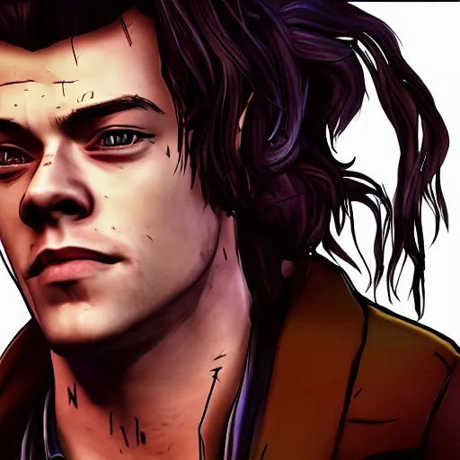 Image similar to harry styles portrait, borderlands, tales from the borderlands, the wolf among us, comic, cinematic lighting, studio quality, 8 k