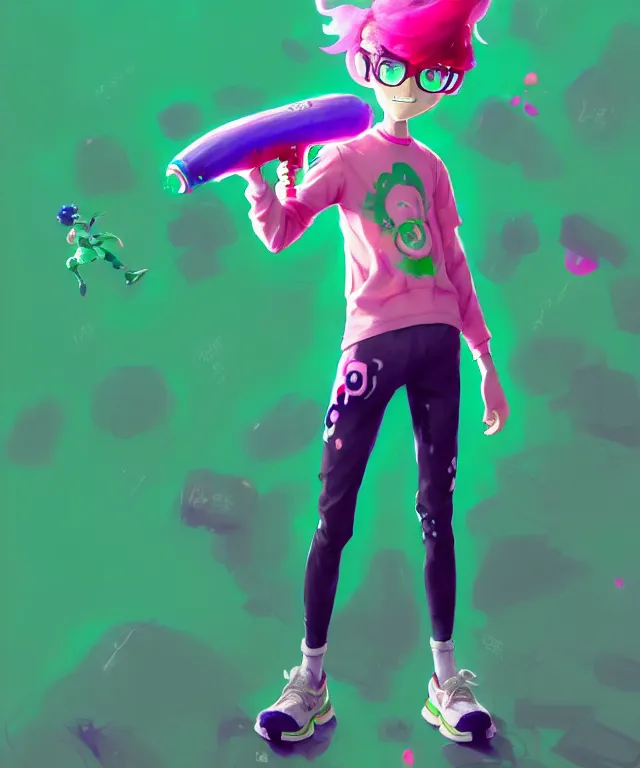 Image similar to a beautiful fullbody portrait of a cute splatoon anime boy with pink hair and green eyes wearing sports clothing leggings. character design by cory loftis, fenghua zhong, ryohei hase, ismail inceoglu and ruan jia. artstation, volumetric light, detailed, photorealistic, fantasy, rendered in octane