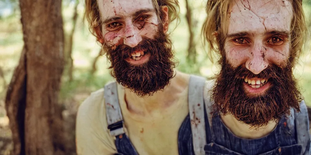 Image similar to extremely skinny malnourished redneck white male with long beard, wearing dirty overalls, dirty greasy face, grin, portrait, close up, kodak gold 2 0 0, 5 0 mm,