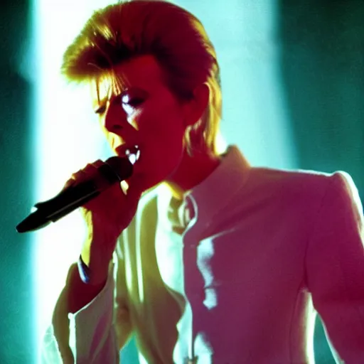 Image similar to david bowie singing into microphone wearing a clearly symbol yin - yang shirt, scene in space, avant - garde painting