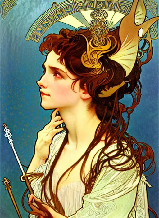 Image similar to a head and shoulders portrait of a female bard, d & d, fantasy art, award winning, fox ears, by alphonse mucha