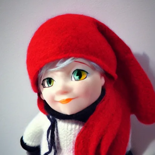 Prompt: real life gnome girl with white hair and red pointy hat in the style of wool and sakimichan and Ross Tran