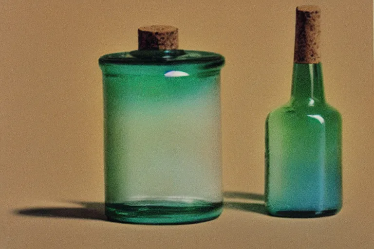 Image similar to small potion with a cork top filled with a green and turquoise gradient liquid, on a desk, old film photo