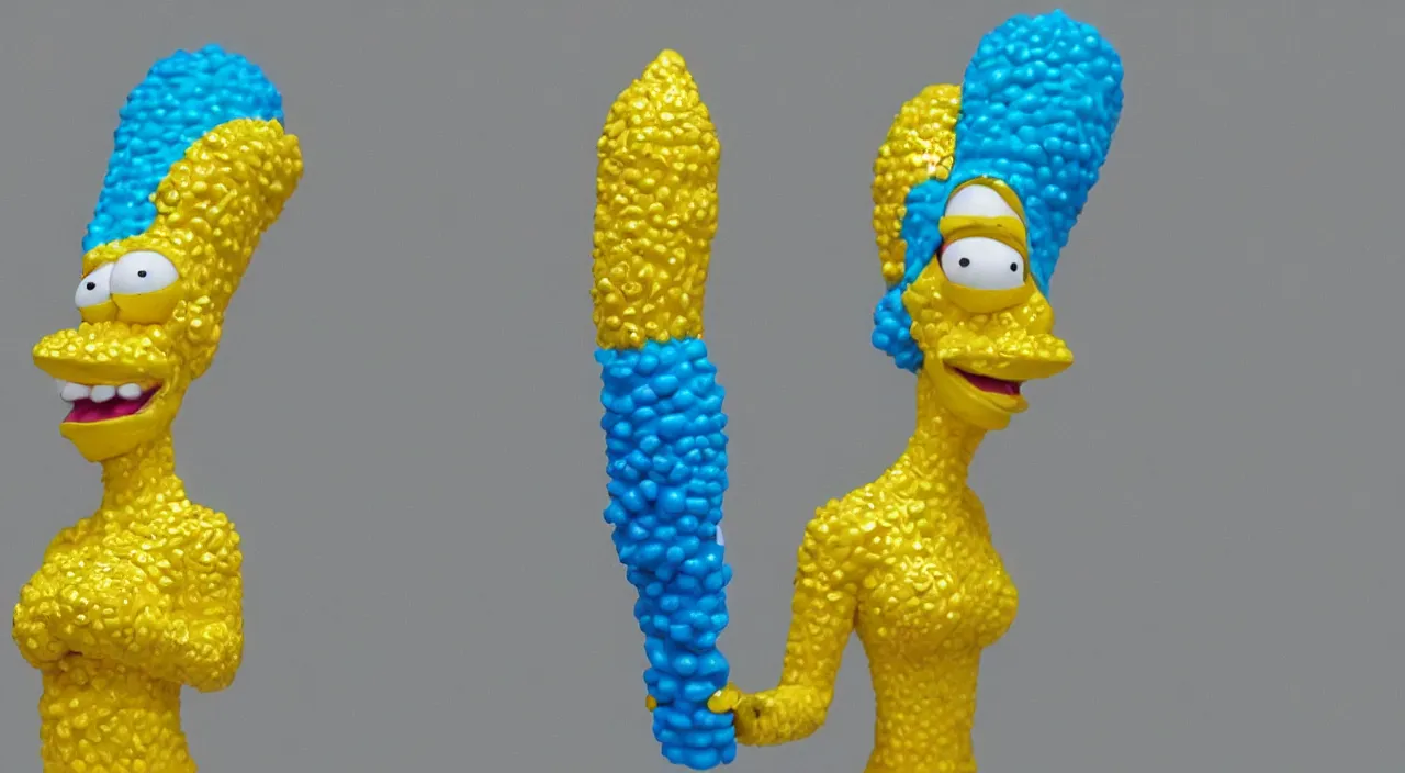 Image similar to a colorful gum sculpture of Marge Simpson made of gold and silver