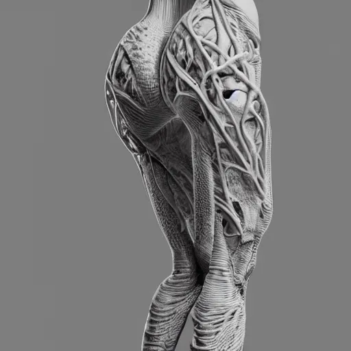 Image similar to concept of a detailed and intricate design of the back of full female anatomy wrapped in bone texture, 3d design, great finesse organic hyper detailed, engineering blueprints, stained paper, hyperrealistic, ultra detailed, 4K, octane render, unreal engine