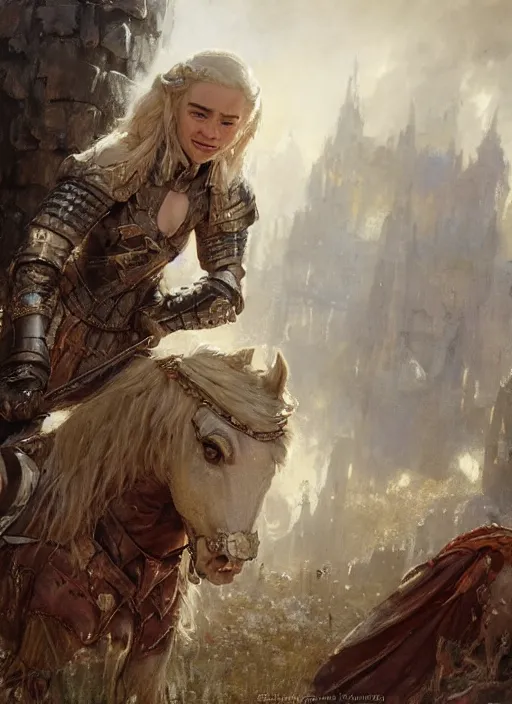 Prompt: short muscular blonde woman wearing realistic medieval armour, emilia clarke, detailed by gaston bussiere, bayard wu, greg rutkowski, maxim verehin, greg rutkowski, masterpiece, sharp focus, cinematic lightning