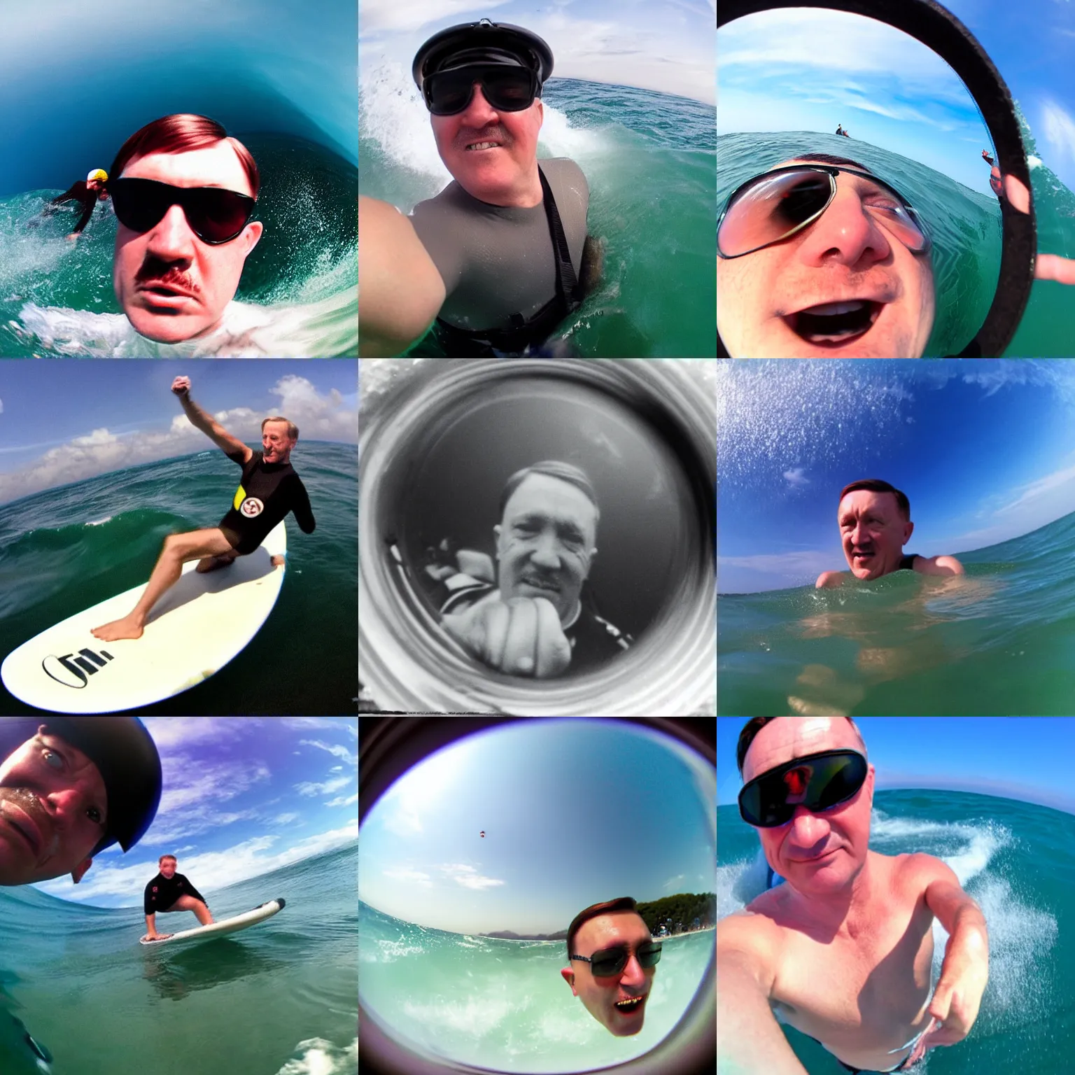 Prompt: fish eye lense of Hitler surfing in the sea selfie go pro