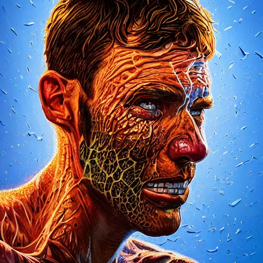 Image similar to portrait artwork of man tearing the skin from his face to reveal lizard skin. Artwork by Dan Mumford, realistic cinematic lighting, ultra detailed, hyper realism