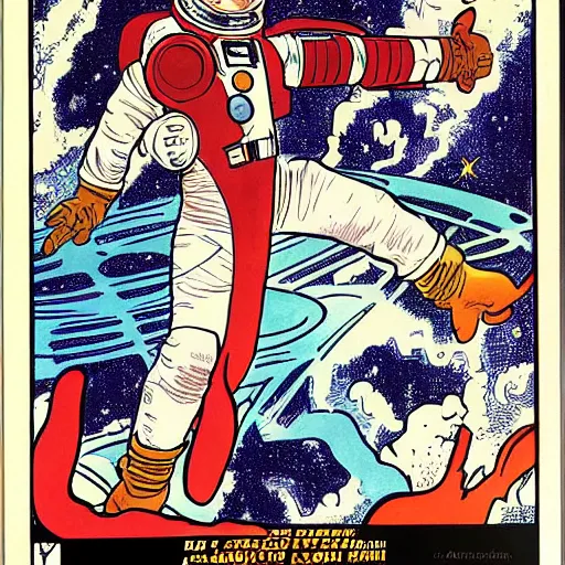 Image similar to a man with red hair, floating in space. he is an astronaut, wearing a space suit. he is fixing his space rocket. well composed, clean elegant painting, beautiful detailed face. retro comic book art by steve ditko and jack kirby and ( alphonse mucha )