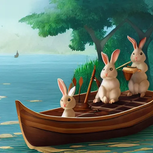 Image similar to concept art of two rabbits playing chess on a rowboat