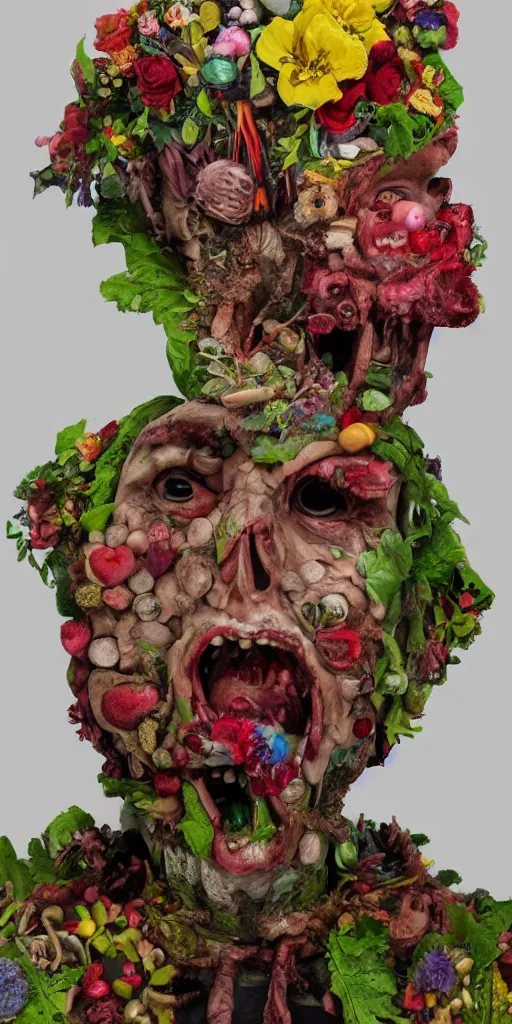 Image similar to portrait of a zombie punk, head made of fruit and flowers in the style of arcimboldo, photorealistic, dynamic lighting, action figure, clay sculpture, claymation, soft multicolor background