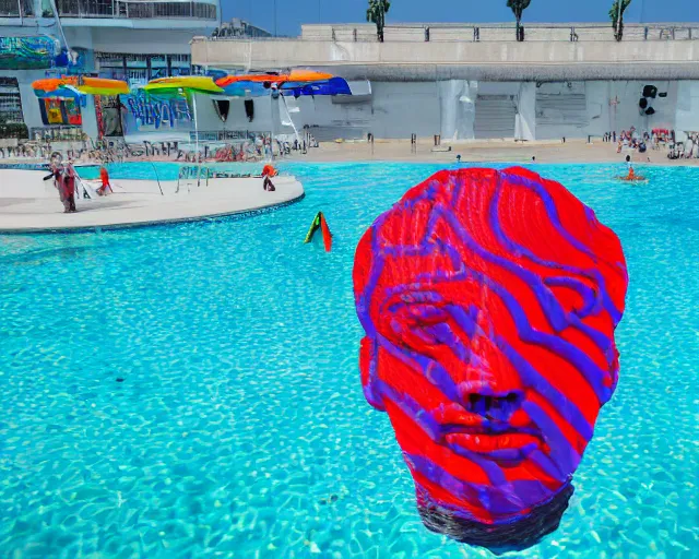 Prompt: a long shot of a giant award winning sculpture made out of a lot of inflatable pool toys in the shape of a human head, on the surface of the ocean, in the style of chad knight, hyper detailed, hyper realistic, ray tracing, 8 k resolution, sharp focus, realistic water