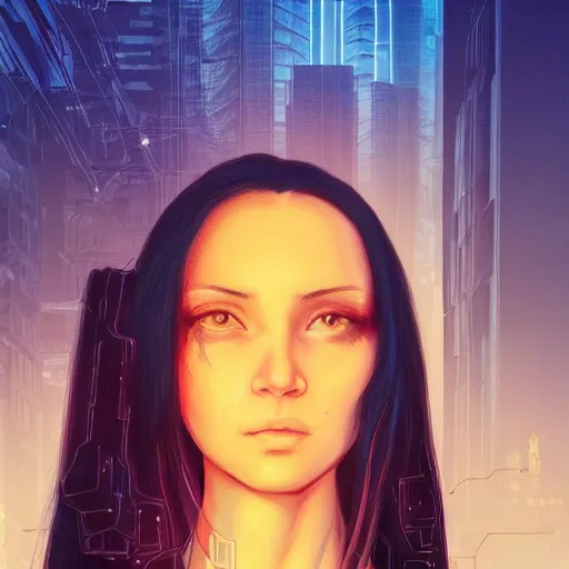 Prompt: a portrait of a sad cyberpunk long black hair women standing in a soft lighting, golden hour, ahestetic, very detailed, super detailed, extremely beautiful,