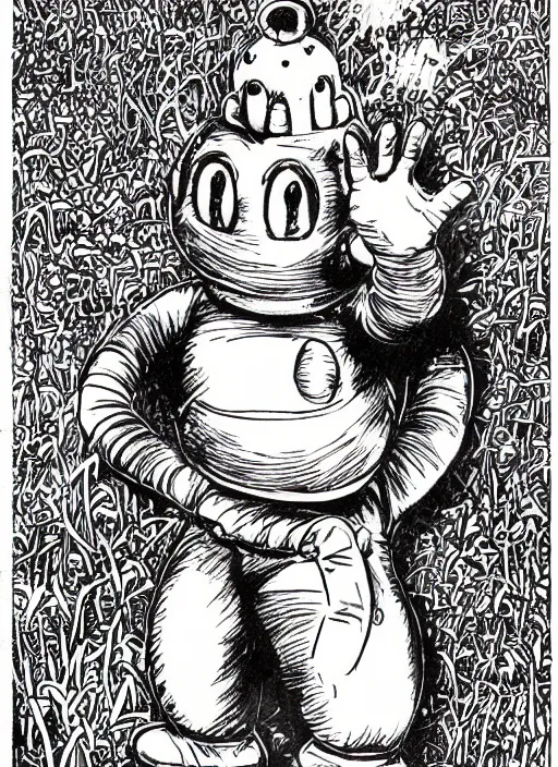 Image similar to tinky winky the teletubbie, full body, pen-and-ink illustration, etching, by Russ Nicholson, DAvid A Trampier, larry elmore, 1981, HQ scan, intricate details, Monster Manula, Fiend Folio