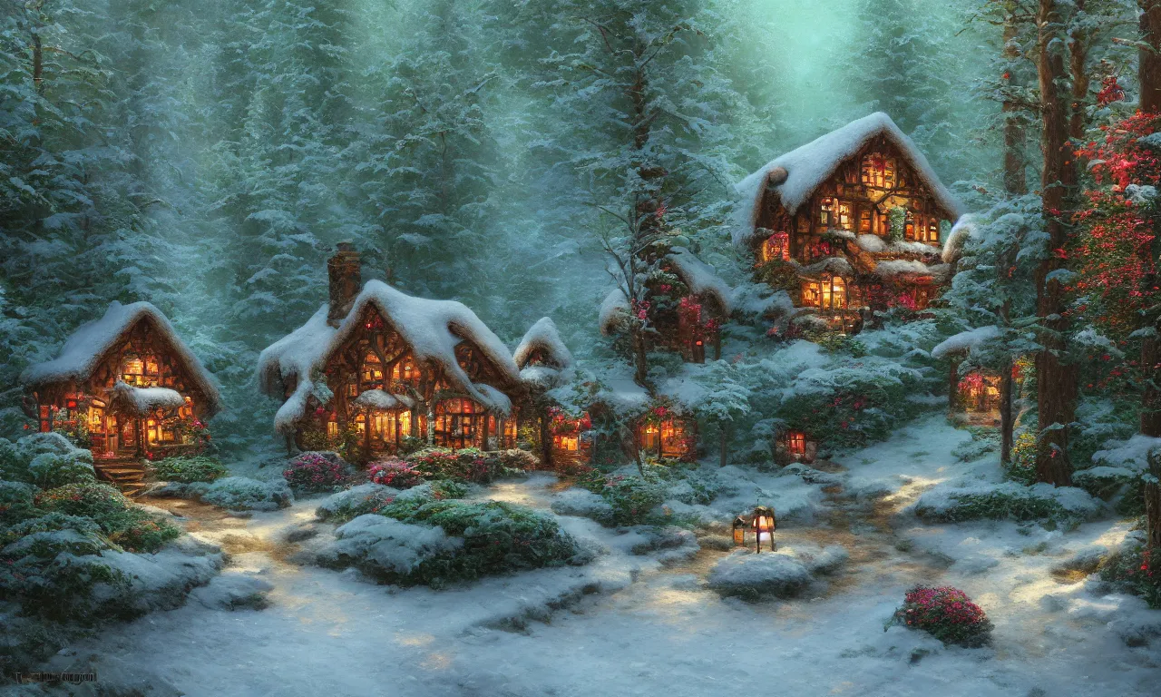 Prompt: ginger bread cottage in a dark forest painted by Thomas Kinkade, vivid colors, high details, cinematic, 8k resolution, beautiful detailed, photorealistic, digital painting, artstation, concept art, smooth, sharp focus, illustration, fantasy background, artstation trending, octane render, unreal engine