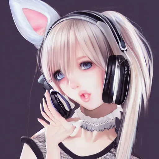 Image similar to realistic detailed semirealism beautiful gorgeous buxom hot girl natural cute excited happy Blackpink Lalisa Manoban white hair white cat ears blue eyes, wearing apron, headphones, black leather choker artwork drawn full HD 4K high resolution quality artstyle professional artists WLOP, Aztodio, Taejune Kim, Guweiz, Pixiv, Instagram, Artstation