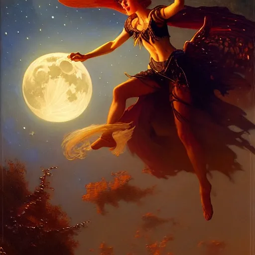 Image similar to attractive witch magically flying trough the night, fantasy, full moon in background. highly detailed painting by gaston bussiere, craig mullins, j. c. leyendecker 8 k