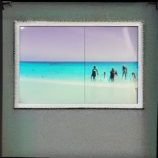 Prompt: a pastel colour high fidelity wide angle Polaroid art photo from a holiday album at a seaside with abstract inflatable parachute furniture, all objects made of transparent iridescent Perspex and metallic silver, people in masks relax, iridescence, nostalgic