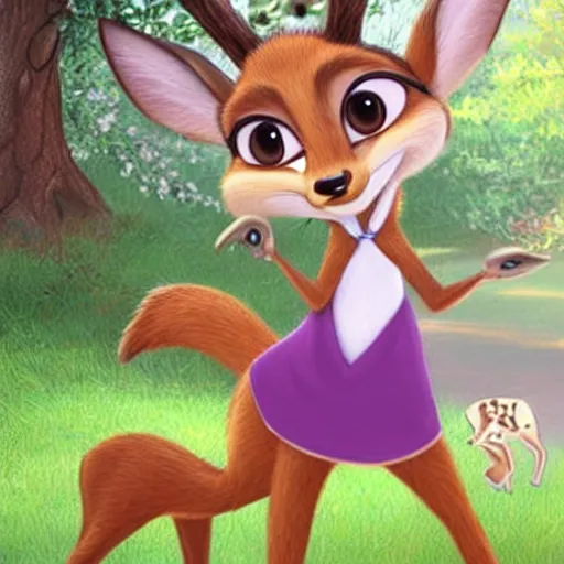 Prompt: female, anthropomorphic deer, style of disney princess, and zootopia