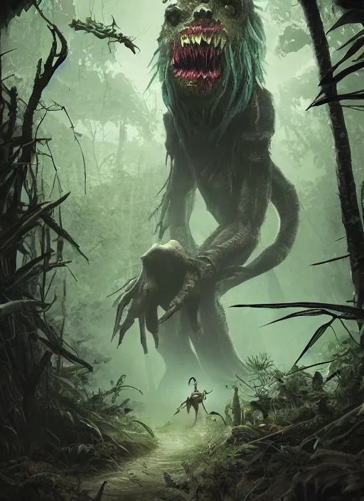 Image similar to terrific monster in middle of jungle, horror, dark atmosphere, harsh lighting, cinematic lighting, scary, award wining art, artstation, high details, concept art, 4 k