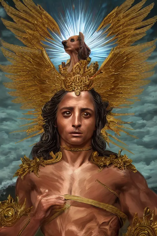 Image similar to a Chihuahua as god with a radiant halo and wings, detailed face, gorgeous, flowing hair, very muscular male body, partial anatomy, stormy and grand war scene, delicate and intricate borders for decoration, caesar victorious, proud Emperor, split lighting, character close-up, intricate, highly detailed, 8K, digital painting, fantasy, concept art, sharp focus, art by greg rutkowski beeple and alphonse mucha