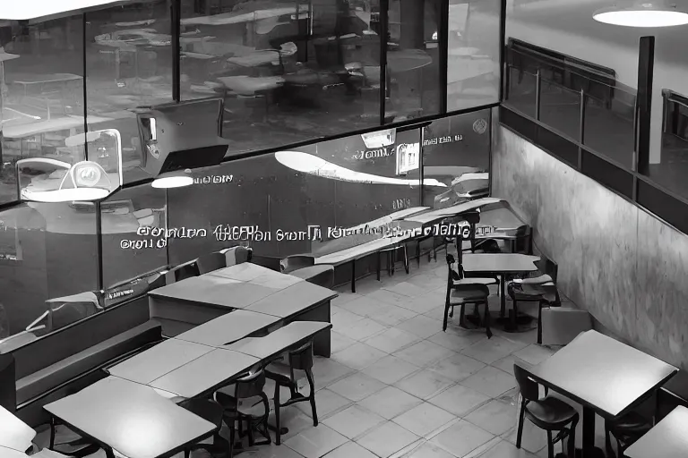 Prompt: a lion in an empty fast food restaurant lobby, overhead view, surveillance, black and white, grainy image,