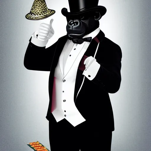 Image similar to a gorilla wearing a tuxedo and top hat while performing magic on a stage in Las Vegas