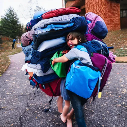 Prompt: a girl underneath a giant mountain pile of backpacks being happily crushed, autism hug box