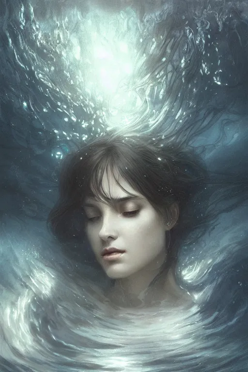 Image similar to floating deep in dark murky water!!!, underwater atmospheric mood, asleep and dreaming! cinematic volumetric lights, bust portrait, dnd, fantasy, intricate, elegant, highly detailed, digital painting, artstation, concept art, smooth, sharp focus, illustration, art by artgerm and tom bagshaw and greg rutkowski and alphonse mucha