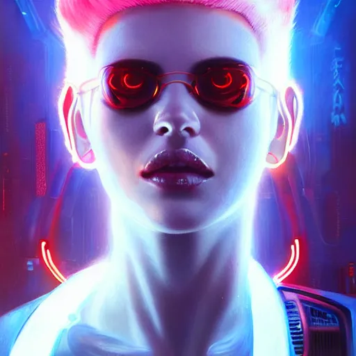 Prompt: A beautiful painting of a cyberpunk space jocky, girl with white hair fire red eyes sensual stare, Trending on artstation. augmentations and cybernetic enhancements neon circuits, greg rutkowski , hyperrealist, cinema4D, 8k highly detailed ❤️‍🔥 🔥 💀 🤖 🚀