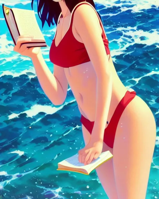 Image similar to very cute girl in bikini reading a book | very anime!!!, fine face, audrey plaza, realistic shaded perfect face, fine details. anime. strong realistic shaded lighting poster by ilya kuvshinov katsuhiro otomo ghost, magali villeneuve, artgerm, jeremy lipkin and michael garmash and rob rey