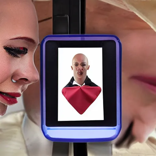Image similar to a guillotine with a kiss cam screen above it, realistic photography, high detailed