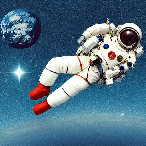 Prompt: cosmonaut floating in space viewed from far away in the style of retrofuturism