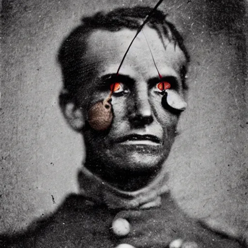 Image similar to civil war portrait of soldier sepia tattered image, with glowing red eyes and evil smile, real 1 8 6 0 photo,