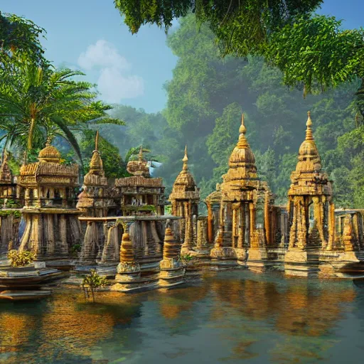 Image similar to 4 k unreal engine render of an ancient never seen before indian high detail temple islands. complex architecture with intricate pilars. high detailed water. jungle background. afternoon light. hyper realistic render, trending on art station