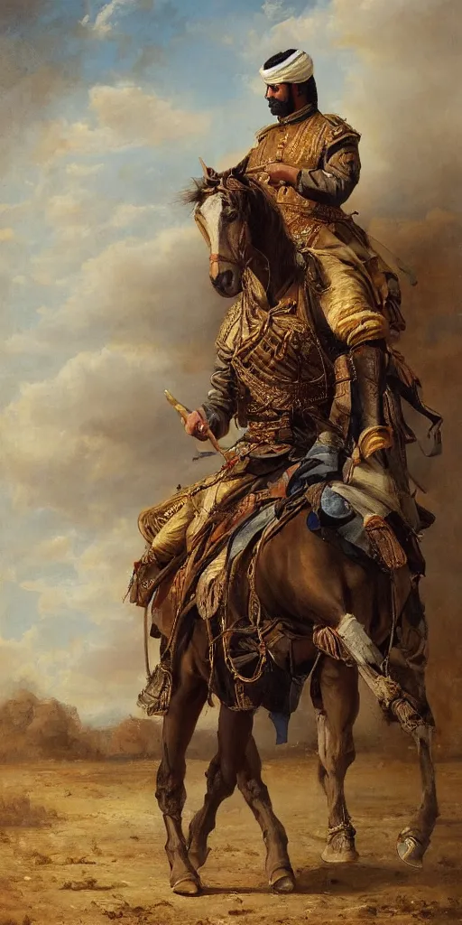 Image similar to Highly detailed and cinematic romantic period oil painting of an Arabian soldier riding a rearing horse, strong atmosphere, oil painting masterpiece by Josep Tapiró Baró, symmetry, fractals