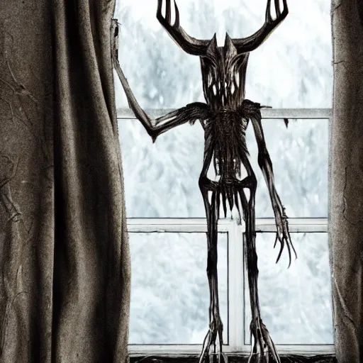 Prompt: wendigo on the outside of the window peaking in, spooky, realistic, clear, crisp, sharp, detailed