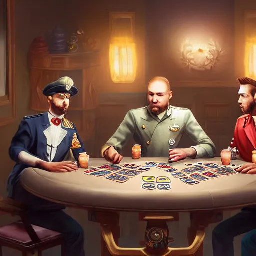 Prompt: four dog navy admirals playing poker art by raymond swanland and svetlin velinov, intricate detail, cinematic, 8 k, cel shaded, unreal engine, featured on artstation, pixiv