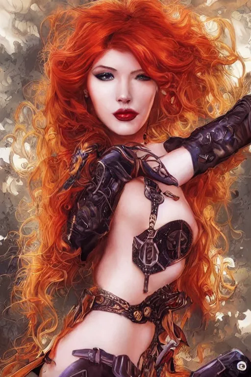 Prompt: portrait from back of sensual Poison Ivy as in DC Comics, very beautiful young woman, ginger wavy hair, Intricate, steampunk imagery themed, D&D!, fantasy style, sharp focus!, ultra detailed, art by Artgerm and Peter Andrew Jones, WLUP