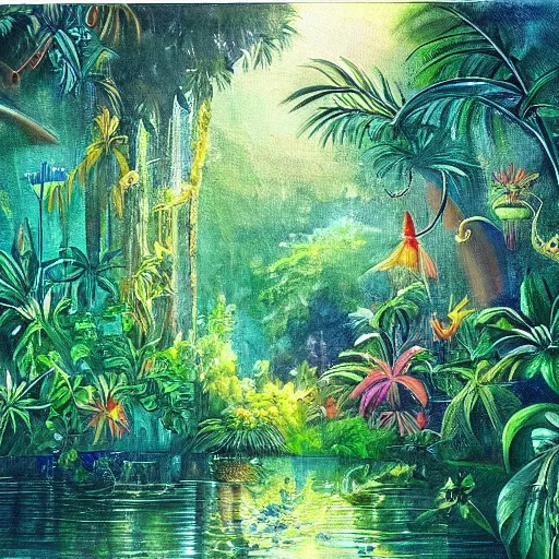 Prompt: beautiful painting of a jungle, magic realism