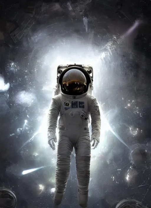 Image similar to complex poster by craig mullins astronaut in futuristic dark and empty spaceship underwater. infrared glowing lights. complex and hyperdetailed technical suit. reflection and dispersion materials. rays and dispersion of light. volumetric light. 5 0 mm, f / 3 2. noise film photo flare. flash photography. unreal engine 4, octane render