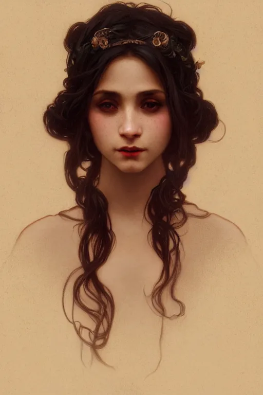 Image similar to portrait, vampire, brown skin, night, long black hair, beautiful, in victorian era new york, jewelry, alphonse mucha, william bouguereau, rossdraws, greg rutkowski, super detailed, realistic, octane render, volumetric, cinematic, 8 k