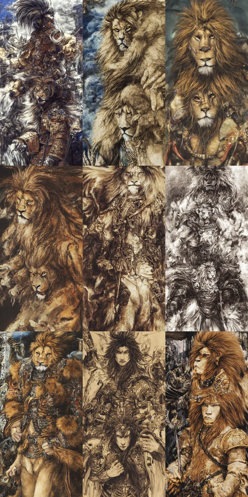 Image similar to 8 k yoshitaka amano painting of upper body of a young cool looking lion beastman with white mane at a medieval market at windy day. depth of field. he is wearing complex fantasy clothing. he has huge paws. renaissance style lighting.