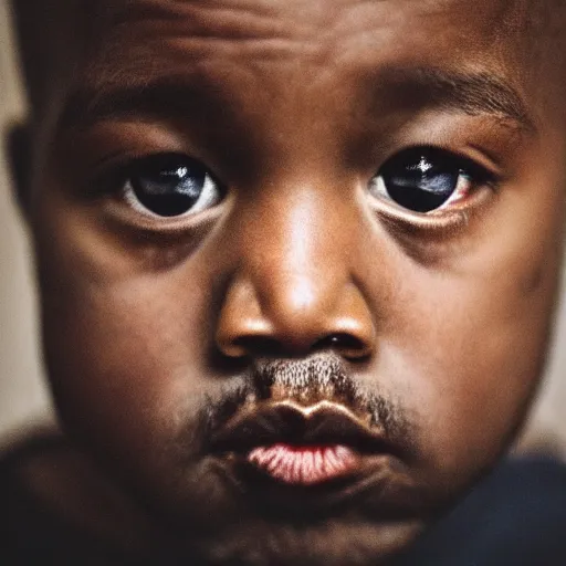 Image similar to the face of kanye west at 5 years old, portrait by julia cameron, chiaroscuro lighting, shallow depth of field, 8 0 mm, f 1. 8