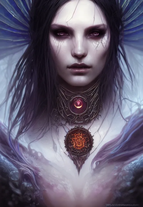 Image similar to Necromancer Sorceress face close-up macro in center, fantasy magic, undercut hairstyle, dark light night, intricate, elegant, sharp focus, illustration, highly detailed, digital painting, concept art, matte, art by WLOP and Artgerm and Greg Rutkowski and Alphonse Mucha, masterpiece