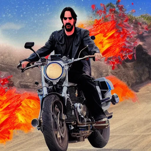 Prompt: Keanu reeves Riding a motorcycle through hell digital art 4K detail