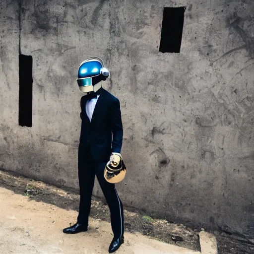 Image similar to Man in a suit holding a daft punk helmet in one hand, looking at an explosion, favela