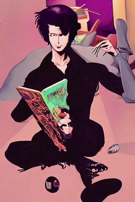 Prompt: goth guy sitting on the floor of a cluttered 9 0 s bedroom reading a book by rolf armstrong, vaporwave colors, lo - fi, concept art, smooth, detailed, toon shading, cel shading, animation, 4 k, hd,