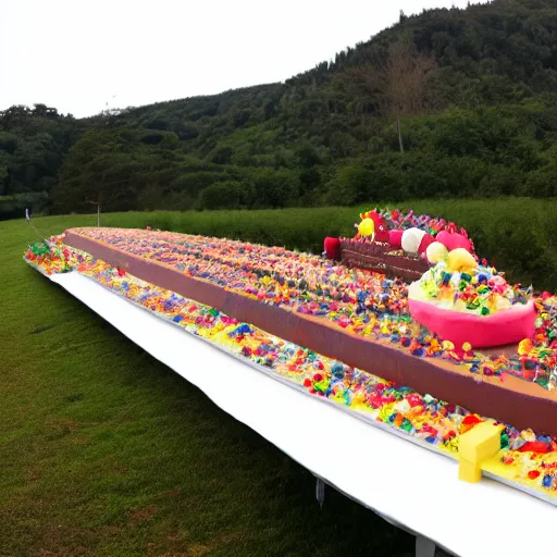 Prompt: photo of the biggest cake ever made, 10m long, people eating slices, PR photo, scenic