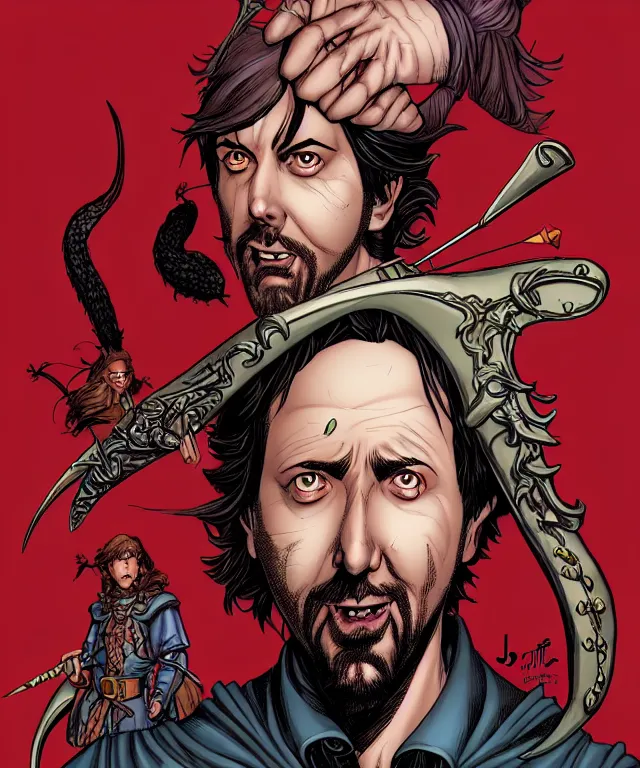 Image similar to a ( fantasy comic ) ( cover art ) portrait of a clueless bard who looks like ( tom green ), digital illustration by jenny frison and sana takeda and kentaro miura, fine inking lines, dnd, highly detailed!, hd, 4 k, trending on artstation